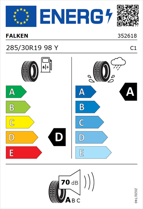 Tyre Label for Falken Azenis FK520 285/30R19 98Y
