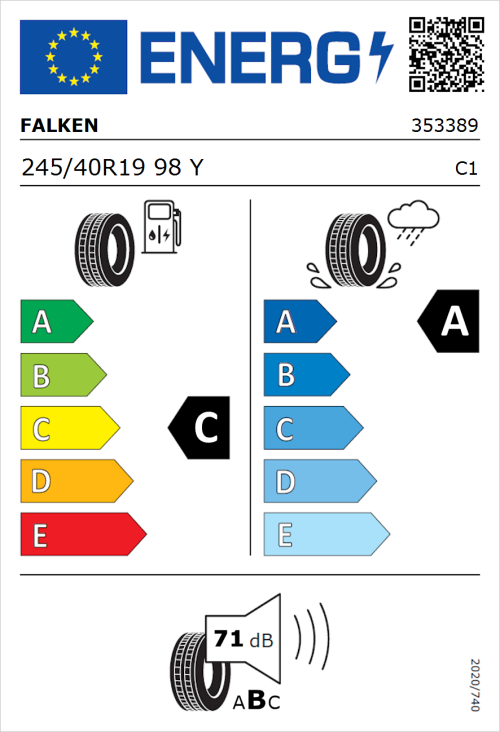 Tyre Label for Falken Azenis FK520 245/40R19 98Y
