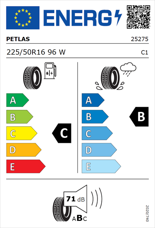 Tyre Label for Petlas Velox Sport PT741 225/50R16 96W