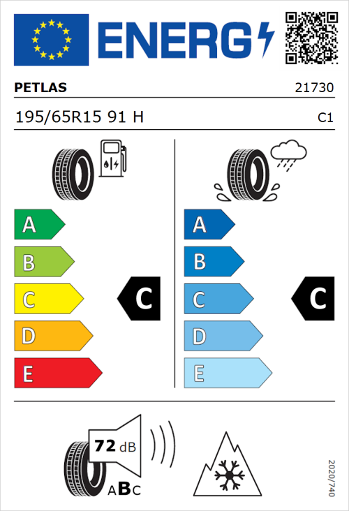 Tyre Label for Petlas Multi Action PT565 195/65R15 91H
