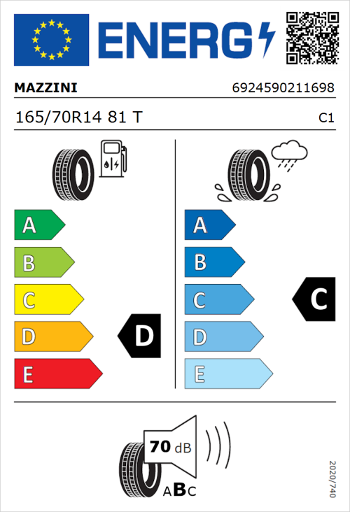 Tyre Label for Mazzini Eco 307 165/70R14 81T